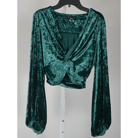Lulu's Emerald Green Crushed Velvet Twist-Front Crop Top XS - Picture 3 of 6